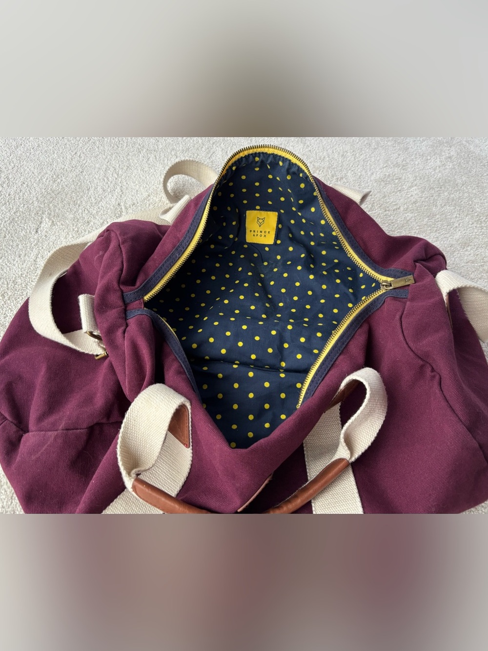 Prince & Fox Burgundy Canvas Tote with Yellow and Navy Polka Dot Lining